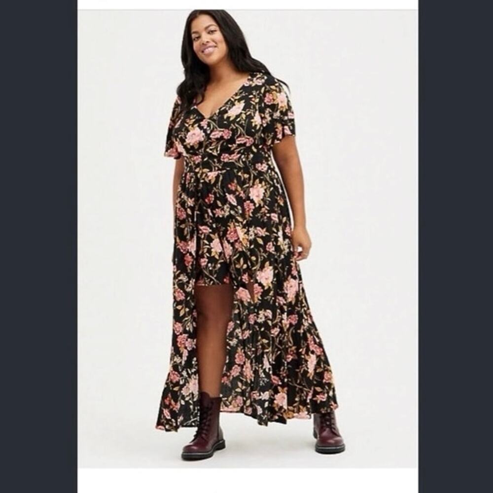 Torrid Walk Thru Maxi black floral romper with skirt NWT 24 dark floral gothic